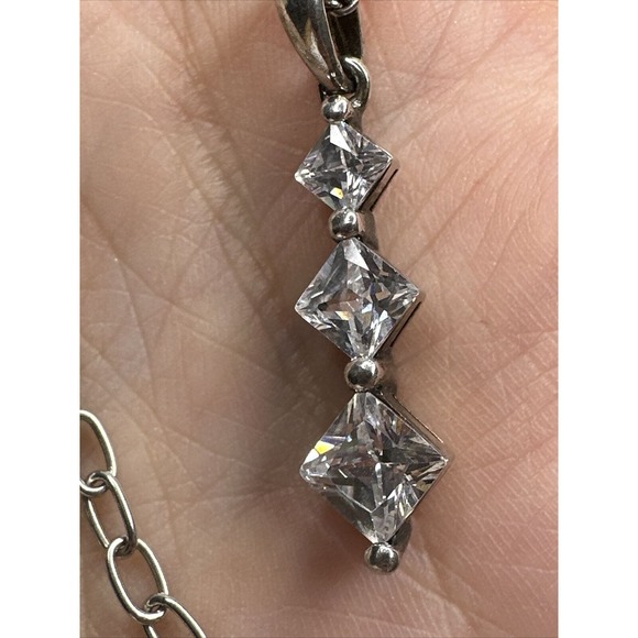Sterling Silver Necklace Pendant CZ Three Square Faceted Drop 18-21" - Picture 2 of 12
